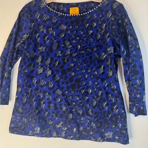 Ruby Rd. Cobalt Leopard Print Long Sleeve Top